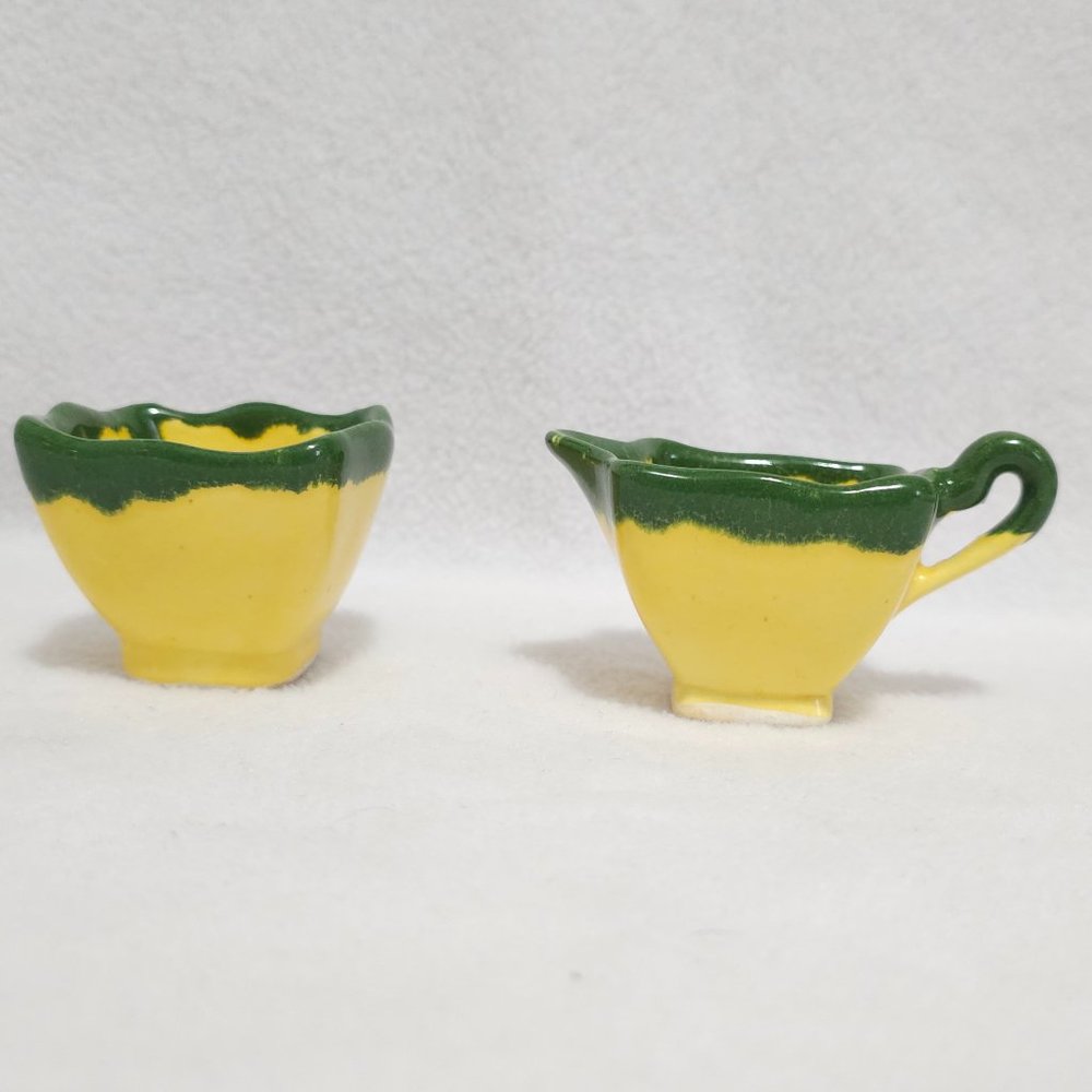 Vintage Small Two Tone Green Yellow Ceramic Sugar Bowl and Creamer Set
